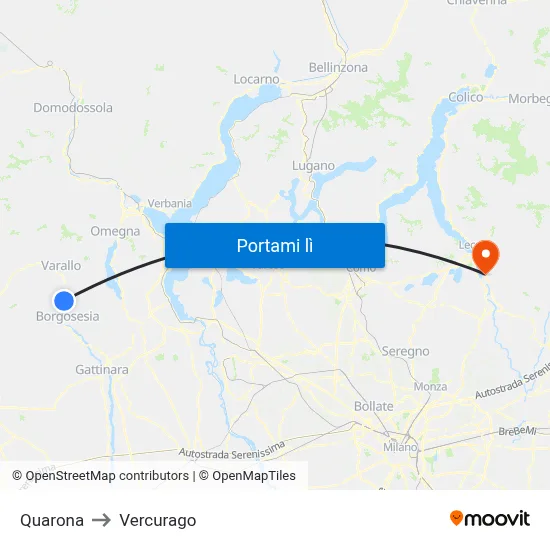 Quarona to Vercurago map