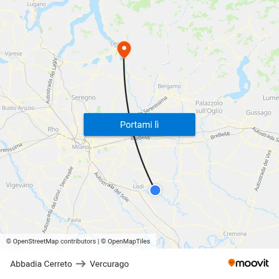 Abbadia Cerreto to Vercurago map