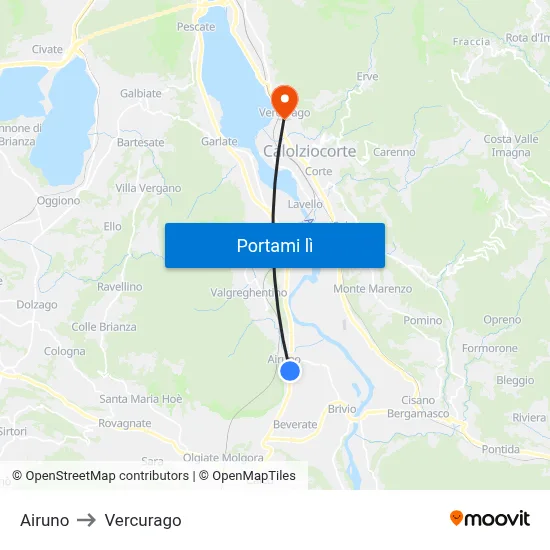 Airuno to Vercurago map