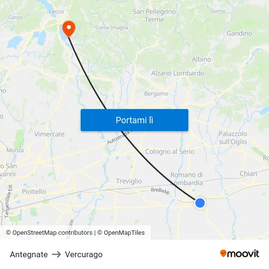 Antegnate to Vercurago map