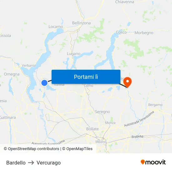 Bardello to Vercurago map