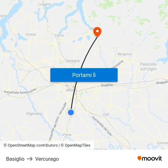 Basiglio to Vercurago map
