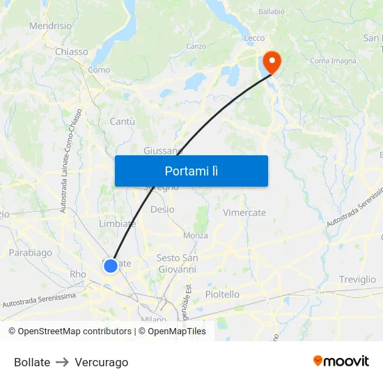 Bollate to Vercurago map