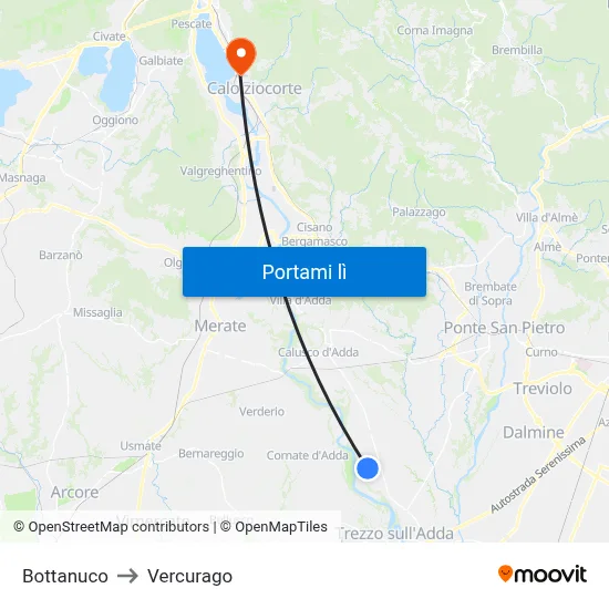 Bottanuco to Vercurago map