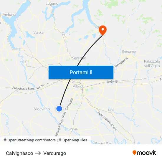 Calvignasco to Vercurago map