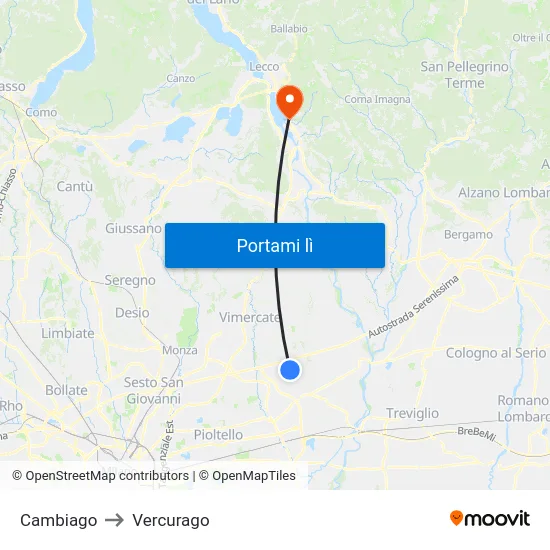 Cambiago to Vercurago map