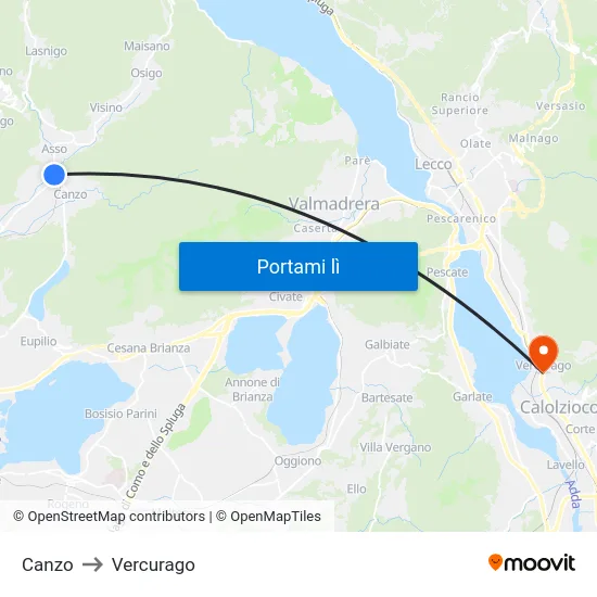 Canzo to Vercurago map