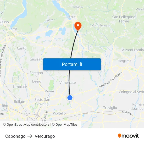 Caponago to Vercurago map