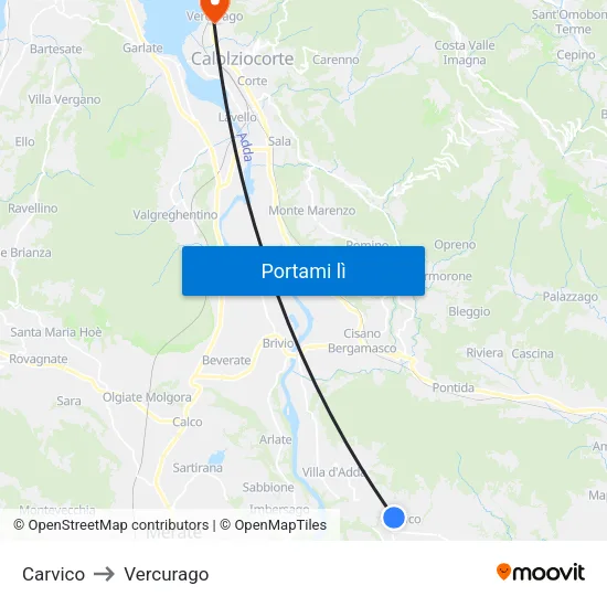 Carvico to Vercurago map