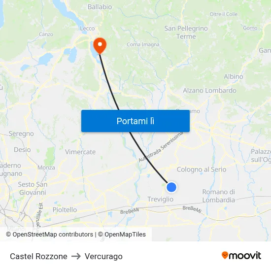 Castel Rozzone to Vercurago map