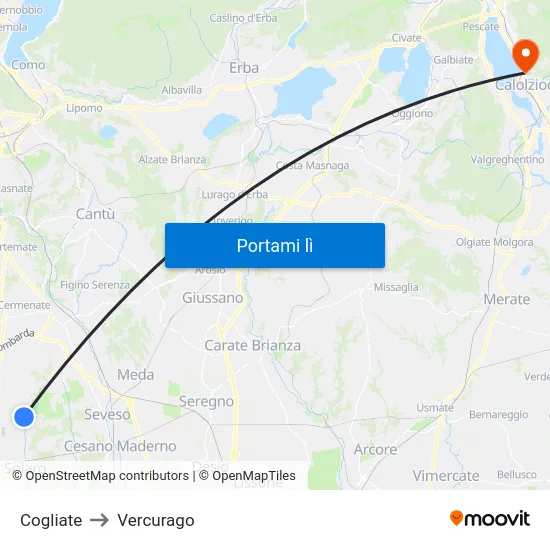 Cogliate to Vercurago map