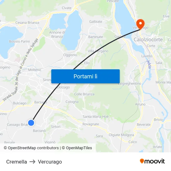 Cremella to Vercurago map