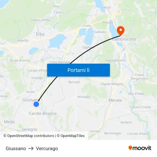 Giussano to Vercurago map