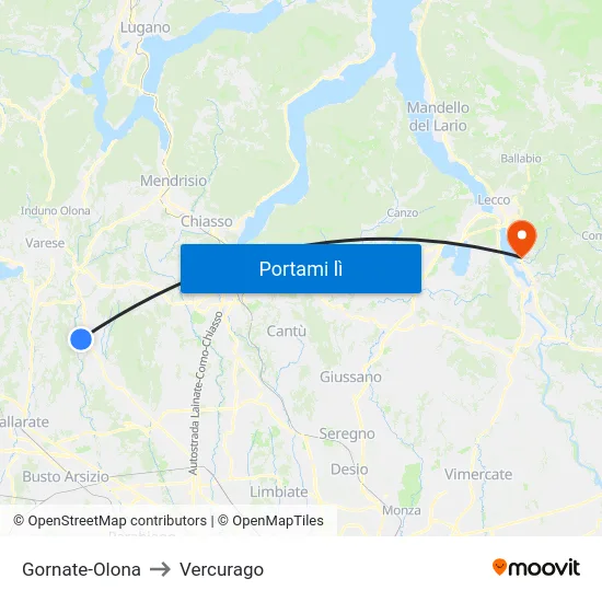 Gornate-Olona to Vercurago map