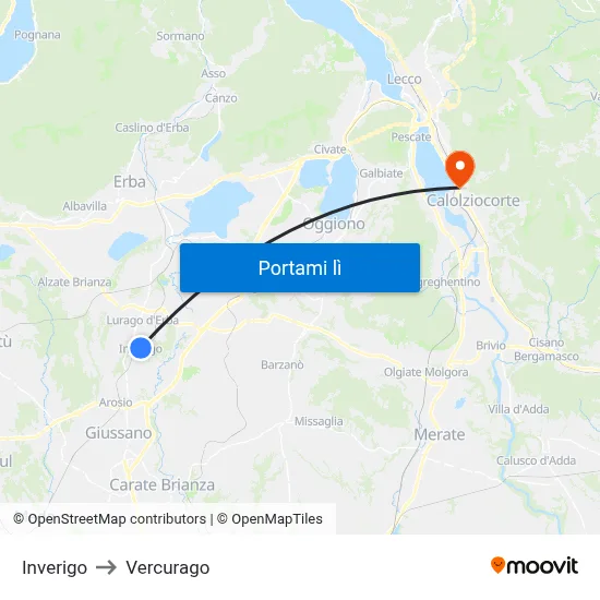 Inverigo to Vercurago map