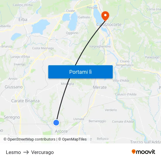 Lesmo to Vercurago map