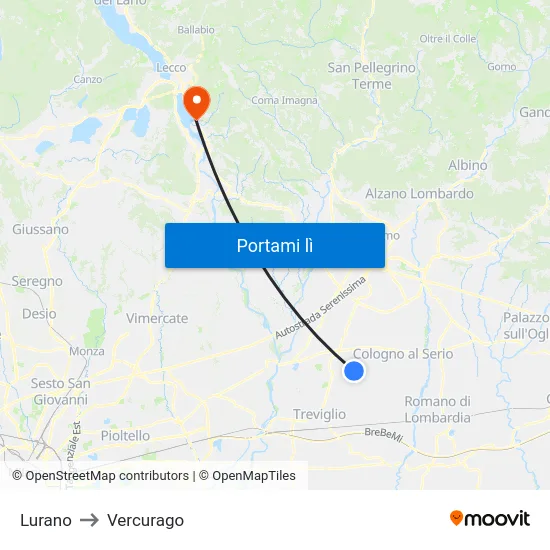 Lurano to Vercurago map
