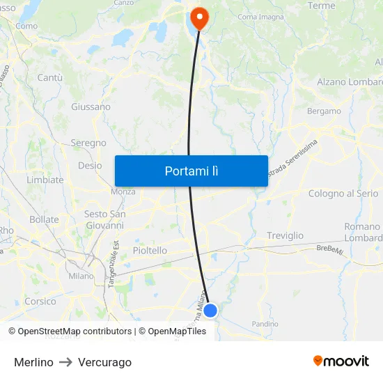 Merlino to Vercurago map