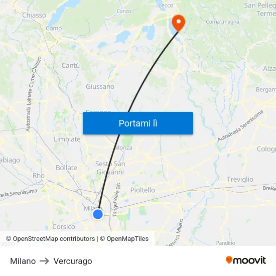 Milano to Vercurago map