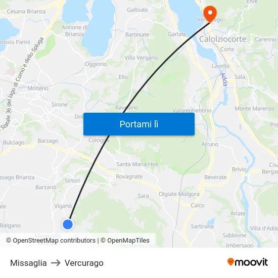 Missaglia to Vercurago map