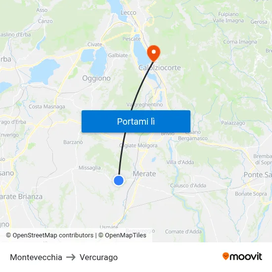 Montevecchia to Vercurago map