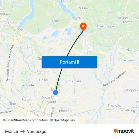 Monza to Vercurago map