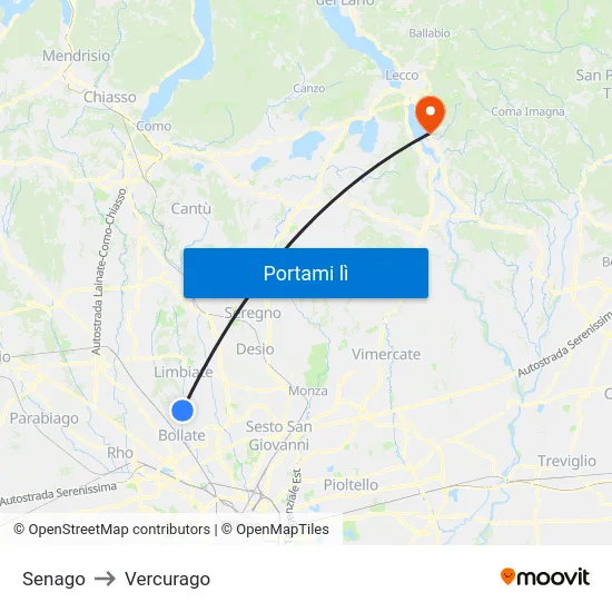Senago to Vercurago map