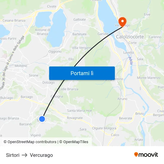 Sirtori to Vercurago map