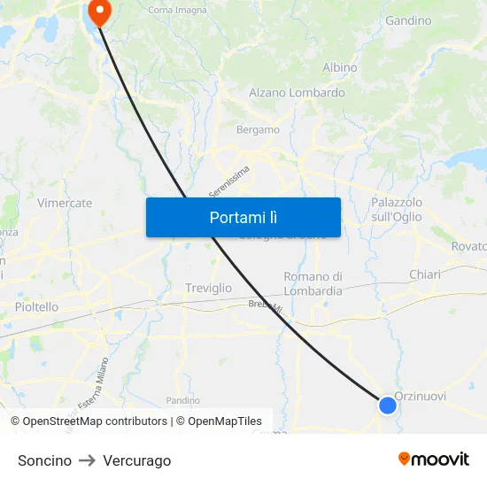 Soncino to Vercurago map