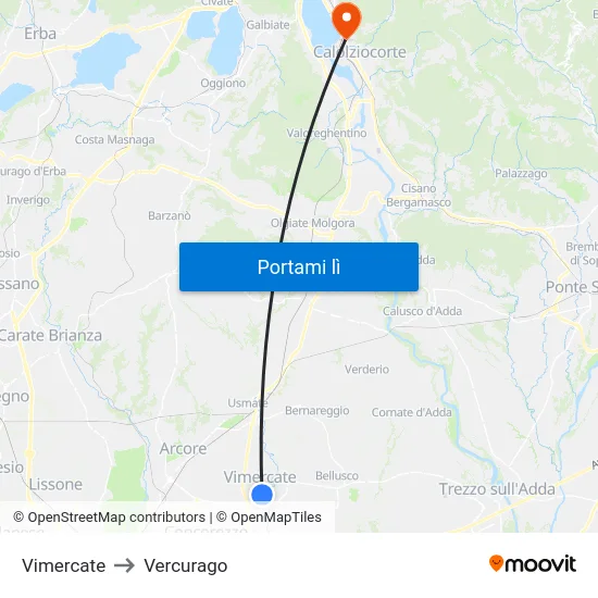 Vimercate to Vercurago map