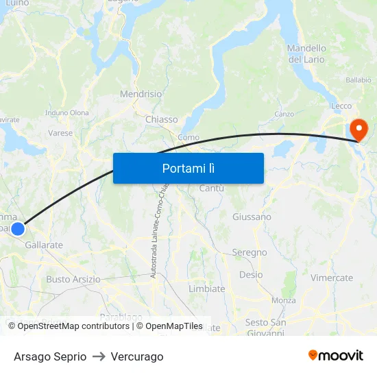 Arsago Seprio to Vercurago map