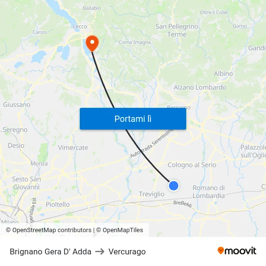 Brignano Gera D' Adda to Vercurago map