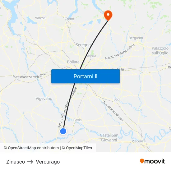 Zinasco to Vercurago map