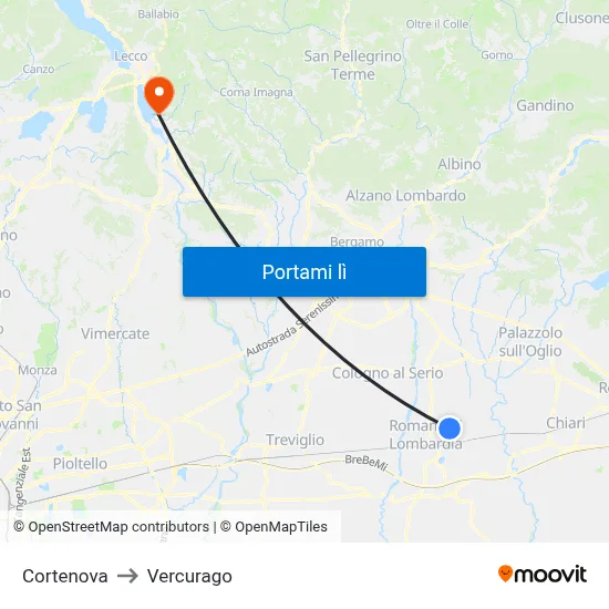 Cortenova to Vercurago map