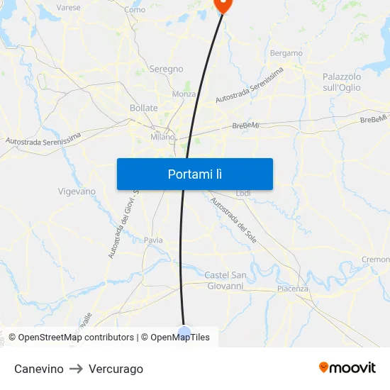 Canevino to Vercurago map