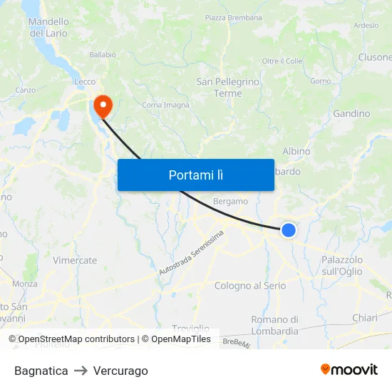 Bagnatica to Vercurago map