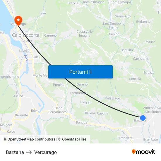 Barzana to Vercurago map