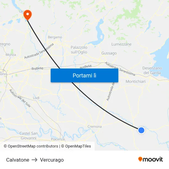 Calvatone to Vercurago map
