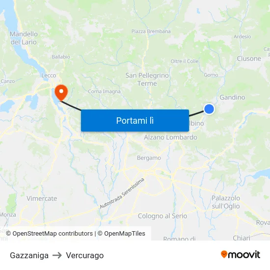 Gazzaniga to Vercurago map