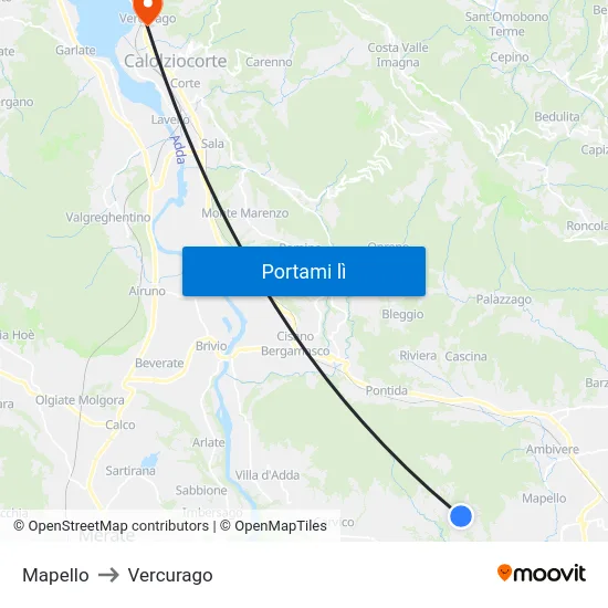 Mapello to Vercurago map