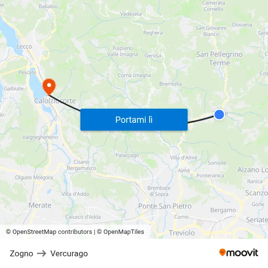 Zogno to Vercurago map
