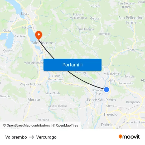 Valbrembo to Vercurago map