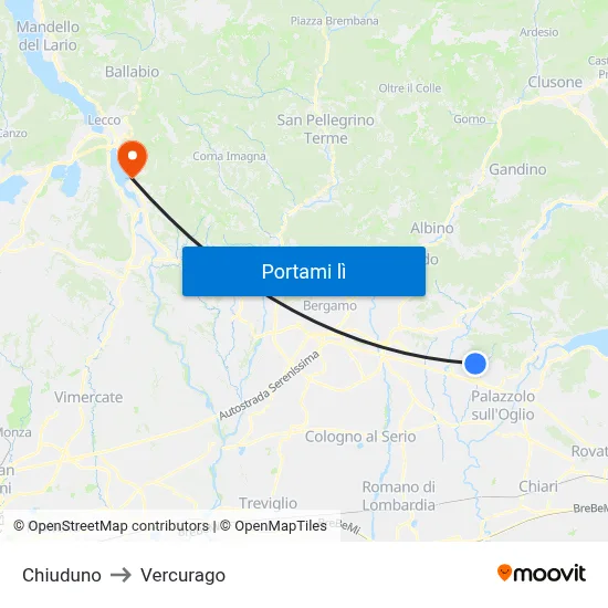 Chiuduno to Vercurago map