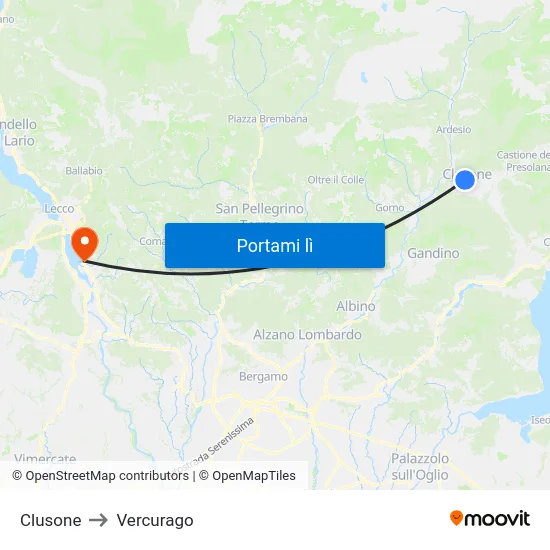 Clusone to Vercurago map