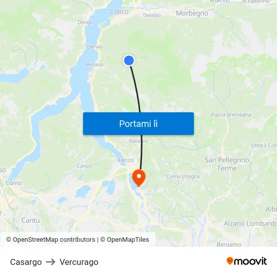 Casargo to Vercurago map
