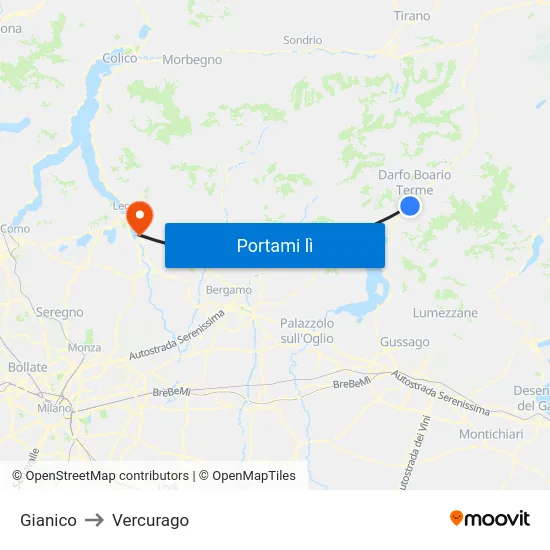 Gianico to Vercurago map