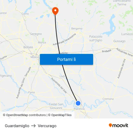 Guardamiglio to Vercurago map