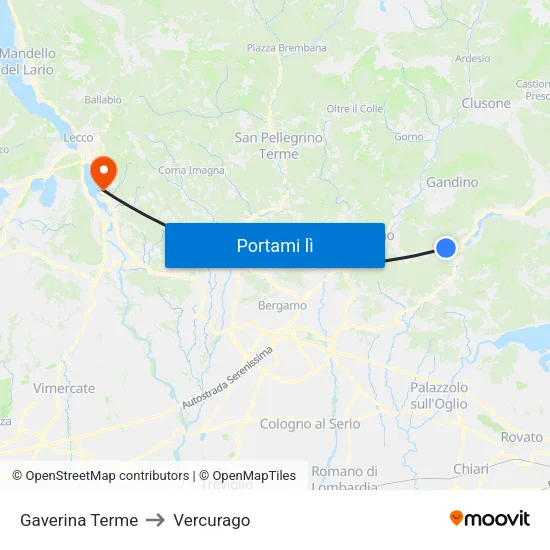 Gaverina Terme to Vercurago map