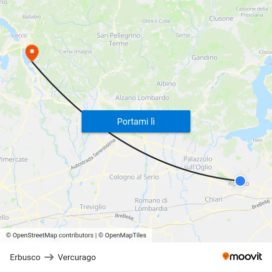 Erbusco to Vercurago map