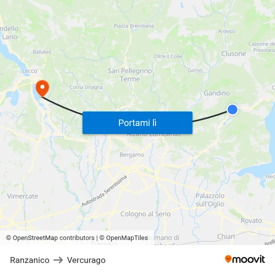Ranzanico to Vercurago map
